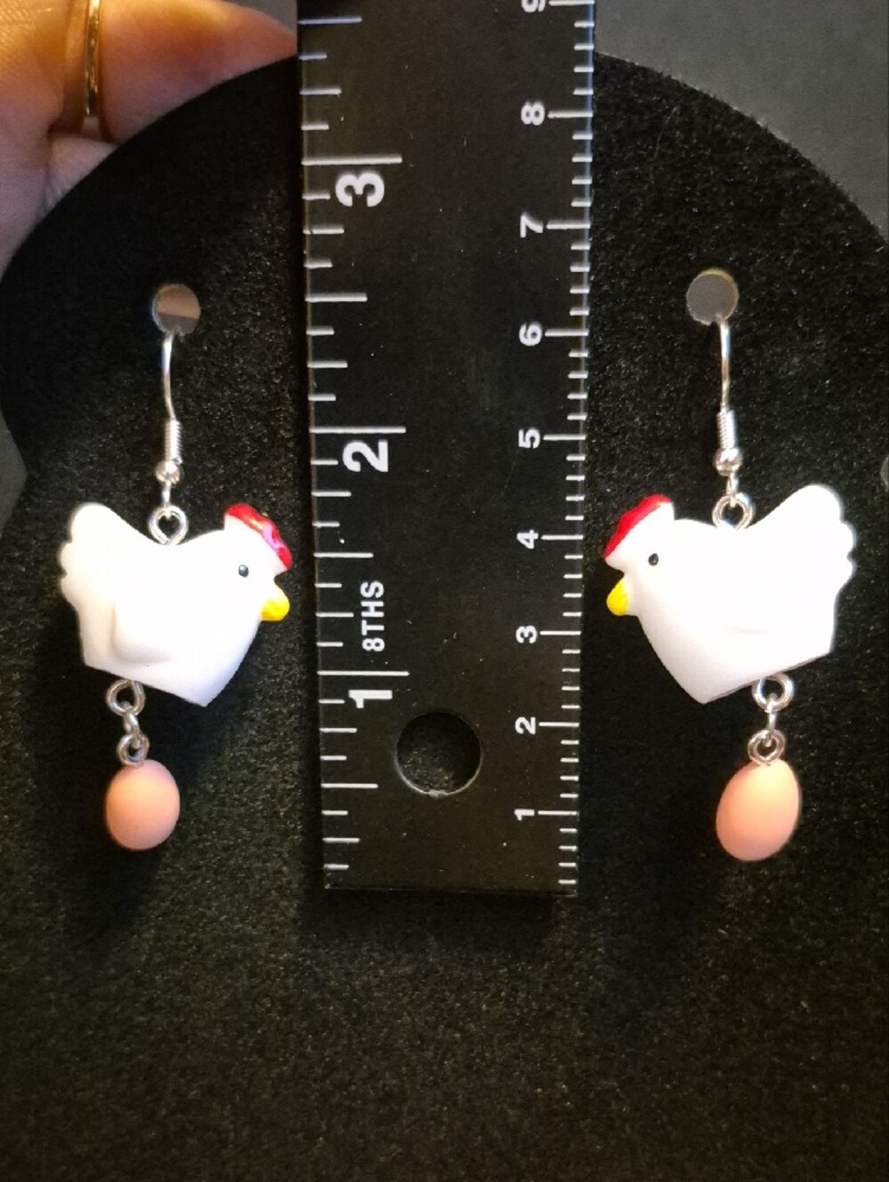 Cute Handcrafted Kitschy White Chicken Dangle Earrings with Brown Egg Charms - Picture 4 of 4